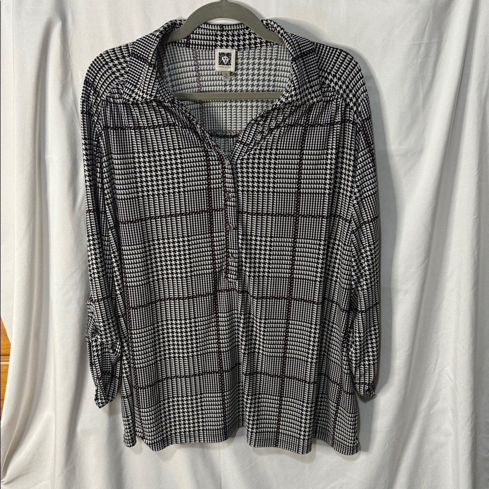Anne Klein Black and White Houndstooth Top Blouse Tunic